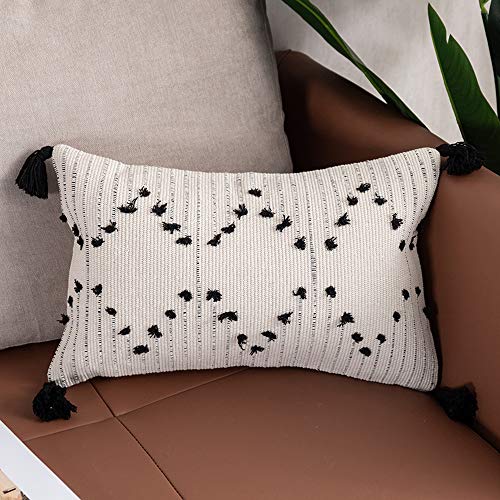 Book Cover OJIA Farmhouse Black and Cream Lumbar Pillow Cover, 12 x 20 Decorative Throw Pillow Case Tribal Geometric Tufted Tassels Woven Cushion Cover Accent Neutral Collection for Sofa Couch Living Room