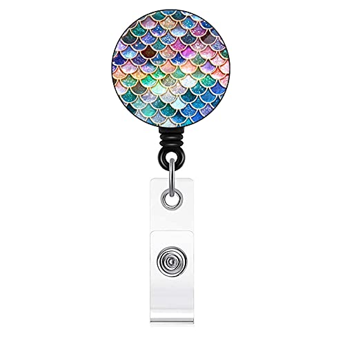 Badge Reel, Mermaid Fish Scales Pattern Retractable ID Card Badge Holder with Alligator Clip, Name Decorative Badge Reel Clip on Card Holders for Cute Girls,Women, Nurse, Teacher, Student, Volunteer