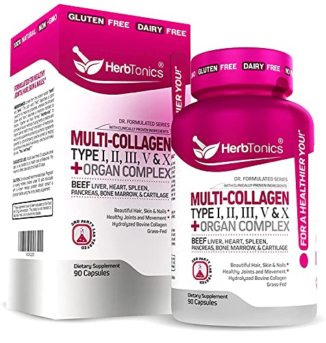 Book Cover Multi Collagen Capsules Types I, II, III, V & X + Protein Peptides + Organ Complex Type 1, 2, 3, 5 & 10 Bone Broth Powder for Anti-Aging Hair, Skin, Nails & Joint Supplement 90 Vegan Pills
