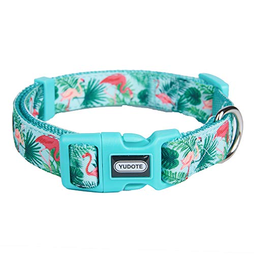 YUDOTE Adjustable Basic Dog Collar, Durable Nylon Collars for Medium Female Male Dogs & Puppies, Flamingo Pattern, Cute and Soft, Neck 12"-19"