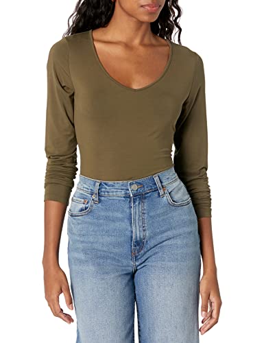 The Drop Women's Patricia Long-Sleeve Deep V-Neck Fitted Bodysuit