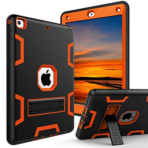 HUATRK iPad 6th Generation Cases,iPad 5th Generation Case,iPad 9.7 inch 2018 Case Three Layer Heavy Duty Shockproof Protective Cover Kickstand for iPad A1893/A1954/A1822/A1823,Black Orange