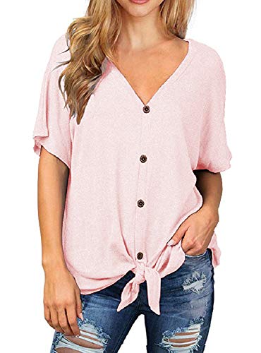 Chvity Womens Loose Henley Blouse Short Sleeve V Neck Button Down T Shirts Tie Front Knot Casual Tops
