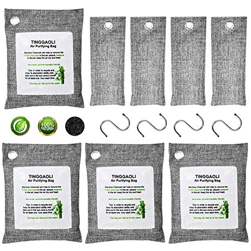 TINGGAOLI Activated Charcoal Odor Absorber Air Purifier Bags (8 Pack & 4 Hooks | 200g4 & 50g4) Car Air Freshener Pet Odor Eliminator, Function Well as Shoe Odor Eliminator or Closet Deodorizer
