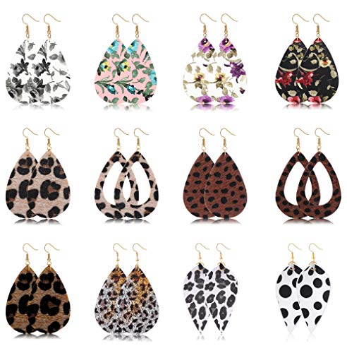 Hanpabum 12 Pairs Teardrop Leather Dangle Earrings for Women Girls Lightweight Leopard Print Dangle Earrings Set Fashion Jewelry