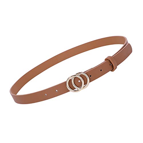 Women's Leather Skinny Belts for Dress Jeans Pants Fashion Leather Belt with Double O Ring Buckle