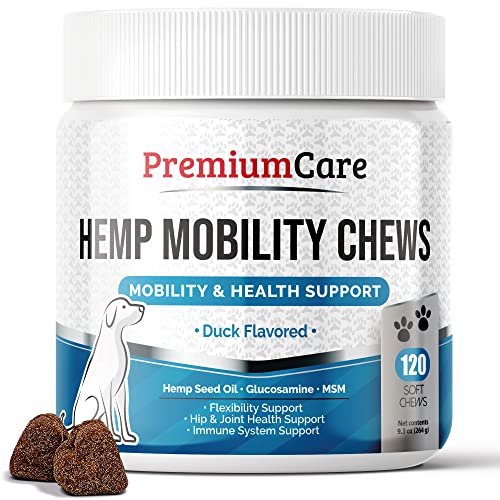 Book Cover PREMIUM CARE Glucosamine Chews for Dogs with Hemp - Hip and Joint Health Supplement for Mobility Support - Dog Glucosamine Chews with Hemp for Dogs- 120 Hemp Treats