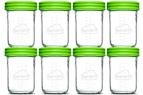 Nellam Baby Food Storage Containers - Leakproof, Airtight, Glass Jars for Freezing & Homemade Babyfood Prep - Reusable, BPA Free, 8 x 8oz Set, that is Microwave & Freezer Safe