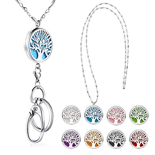 SAM & LORI Strong Lanyard Necklace Stainless Steel Beaded Chain Necklace Silver for ID Badge Holder and Key Chains Non Breakaway Pendant for Women Nurse Diffuser Tree of Life