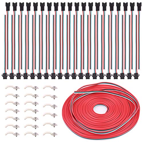 3Pin LED Connector Kit - includes 20 Sets 3Pin Male Female Plug LED Connector Pigtail, 32.8ft 3Pin RGB Extension Cable Line Wire Cord, 20 LED Strip Clips for WS2812B WS2812 WS2811 LED Strip Light