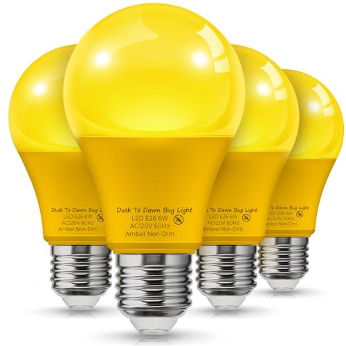 L LOHAS LED 40W Equivalent A19 Amber Porch Light Bulbs, 6W Dusk to Dawn Sensor Yellow Bug Light Bulbs for Outdoor, 2000K E26, 4 Pack