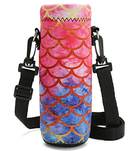 Richen Neoprene Water Bottle Carrier Bag with Adjustable Shoulder Strap,Insulated Water Bottle Cover for 750ml/24oz Stainless Steel/Glass/Plastic Bottles (Mermaid Scale, 750ML)