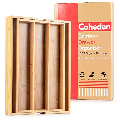 Book Cover Bamboo Expandable Drawer Organizer by Coheden - Premium Cutlery and Utensil Tray - Multifunctional Organizer Fits With All Drawer Sizes - 100% Pure Bamboo (Medium, 3-5 Compartments)
