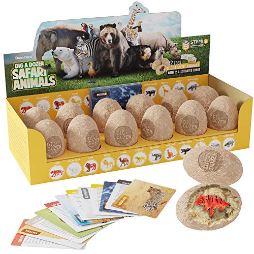 Dig a Dozen Egg Kit - Break Open 12 Eggs and Discover 12 Unique Cute Wild Safari Animals, with Learning Cards - Easter Archaeology Science STEM Gift for Kids