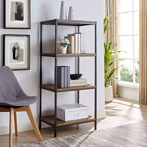 4 Tier Bookshelf by Aaron Furniture Designs Rustic Industrial Bookcase with Modern Open Shelves | Oak Brown Wood Look Accent Furniture Metal Frame | Media Storage Rack Shelf Unit | Living Room