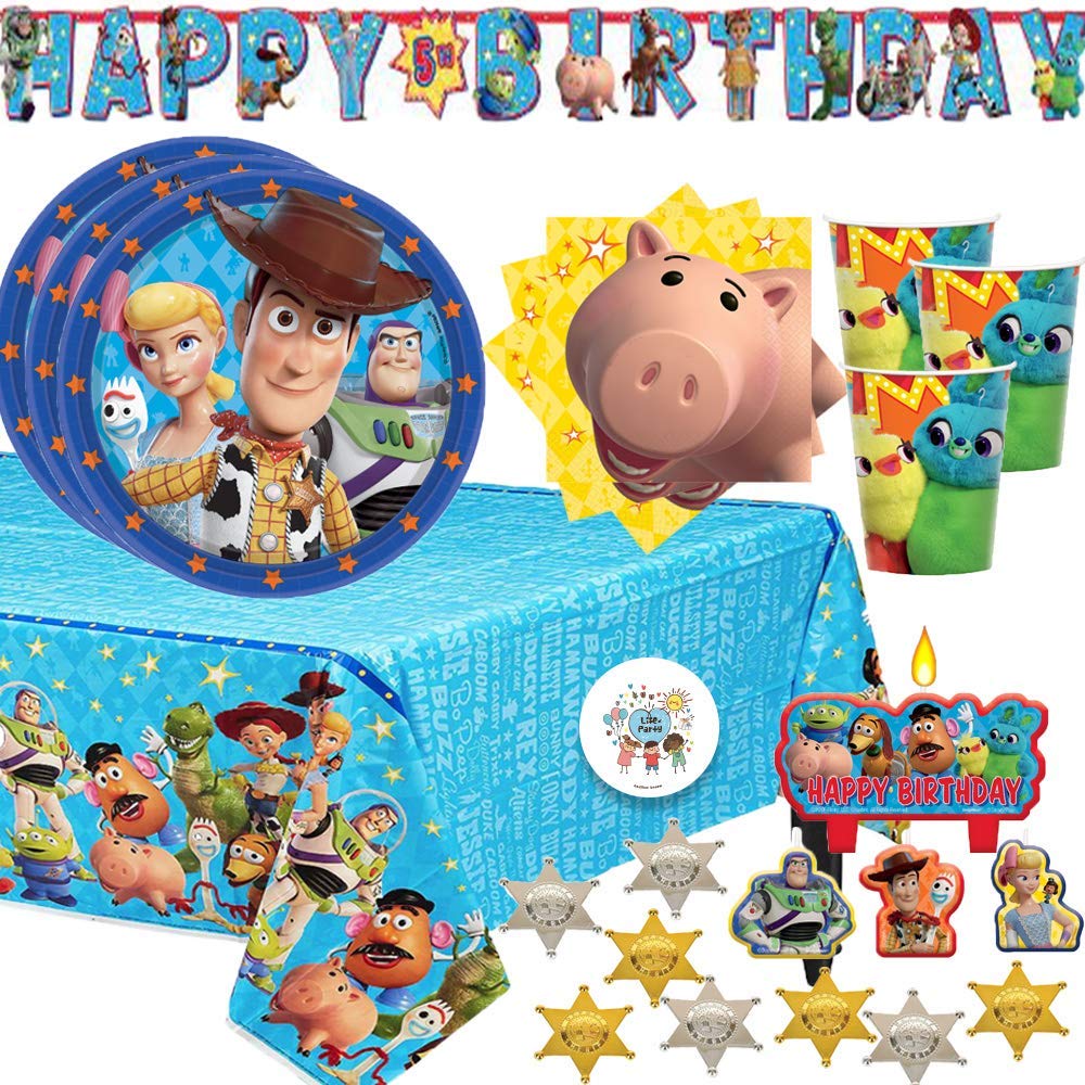 Book Cover Toy Story 4 Birthday Party Supplies Pack For 16 With Toy Story Plates, Napkins, Cups, Birthday Candles, Tablecover, Add An Age Birthday Banner, 12 Sheriff Badges, and Exclusive Pin