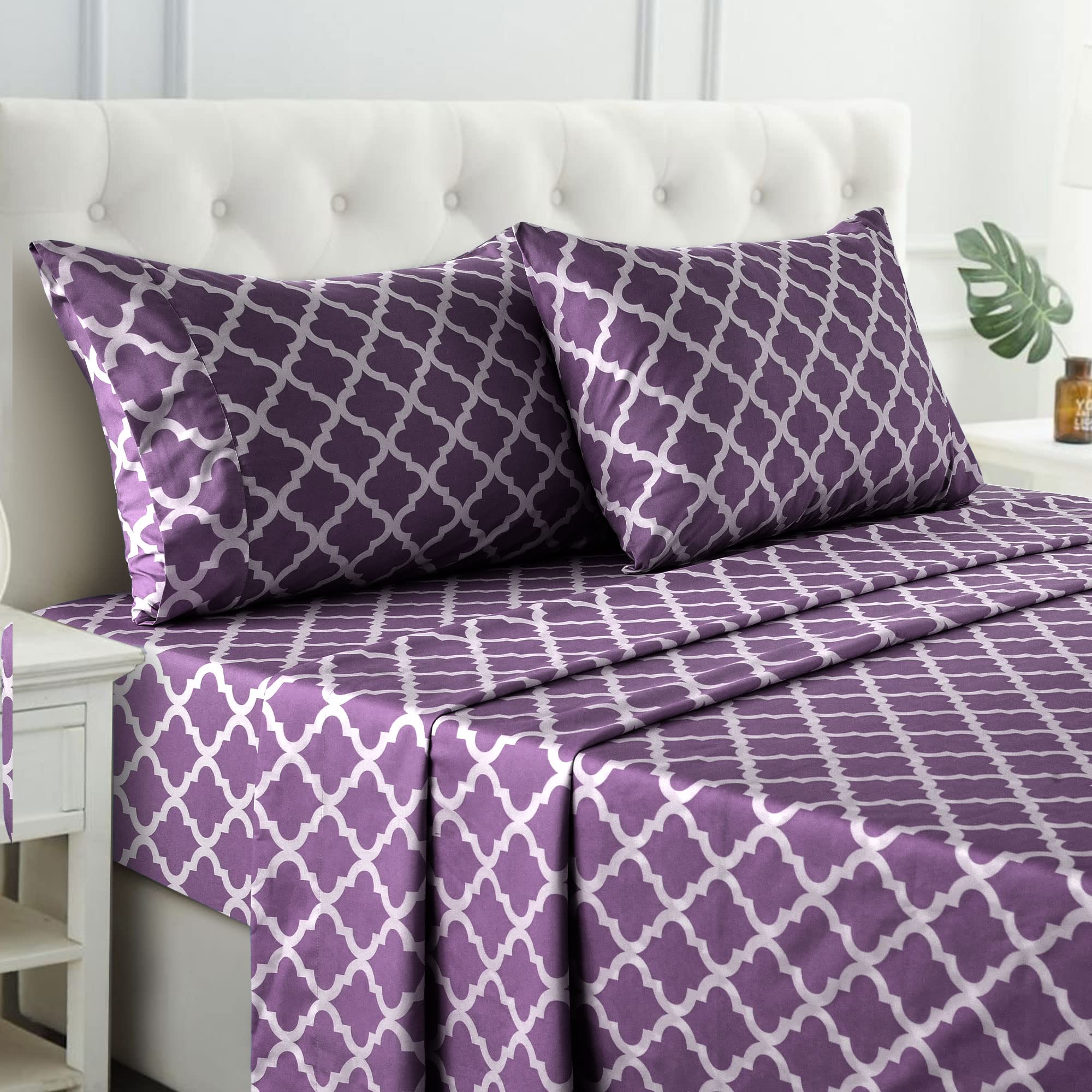 Book Cover Lux Decor Collection Bed Sheets - 4 Pc King Size Sheets - 1800 Thread Count Brushed Microfiber Sheets - 16 Inches Deep Pocket Bedding Sheets & Pillowcases (King, Quatrefoil Purple) Quatrefoil Purple King