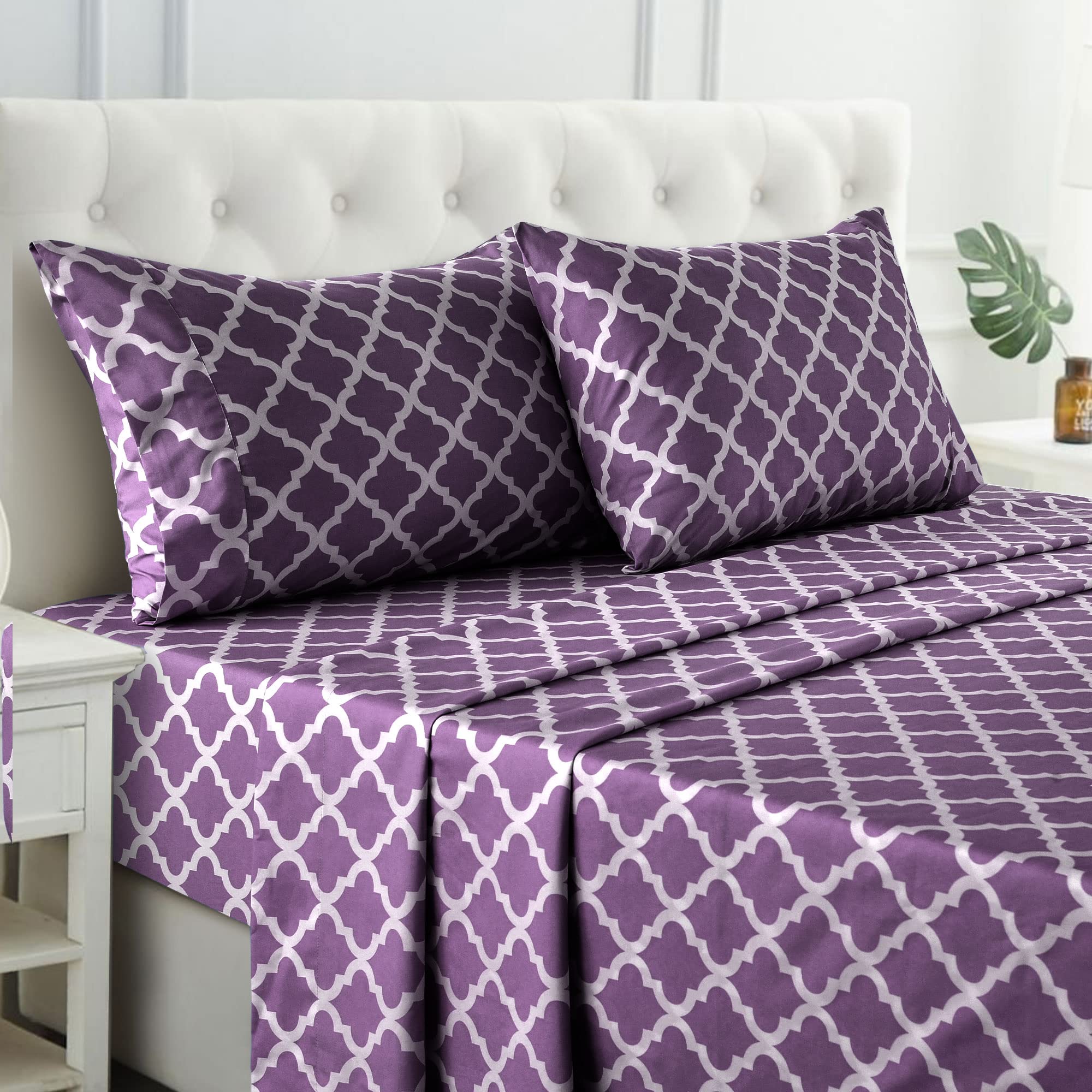Lux Decor Collection Bed Sheets - 4 Pc King Size Sheets - 1800 Thread Count Brushed Microfiber Sheets - 16 Inches Deep Pocket Bedding Sheets & Pillowcases (King, Quatrefoil Purple) Quatrefoil Purple King