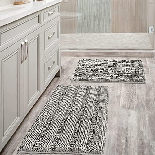 Non Slip Thick Shaggy Chenille Bathroom Rugs Soft Bath Mats for Bathroom Extra Absorbent Floor Mats Bath Rugs Set for Kitchen/Living Room (Set of 2, 20" x 32"/17" x 24", Dove Grey)