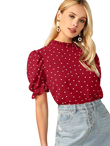 MakeMeChic Women's Summer Heart Print Puff Sleeve Frill Keyhole Back Blouse Top