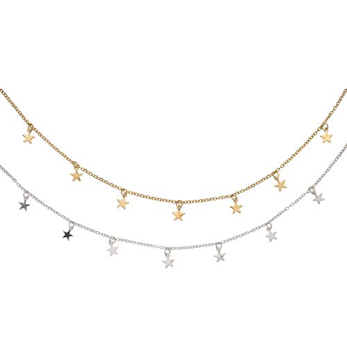 XLSFPY 2Pcs Star Choker Necklace Set Dainty Gold and Silver Star Tassel Chain Pendant Statement Necklace Collar for Women Girls