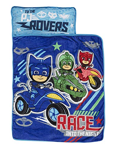 Book Cover PJ Masks Race Into The Night Nap Mat - Includes Pillow and Fleece Blanket - Great for Boys and Girls Napping at Daycare, Preschool, Or Kindergarten - Fits Sleeping Toddlers and Young Children