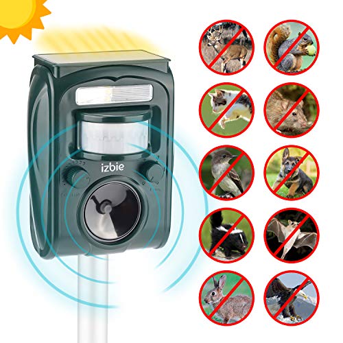 Izbie Ultrasonic Squirrel, Deer, Bird Repellent - Waterproof Effective Outdoor Electronic Deterrent for Rodent, Mouse, Cat, Dog, Snake, Raccoon, Mole, Pest Repeller Control