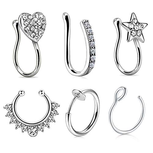 JFORYOU 6Pcs Nose Rings Fake 16G Stainless Steel Inlaid CZ Faux Piercing Jewelry Fake Nose Ring Spring Clip on Circle Hoop No Pierced Septum Nose Ring Women Men