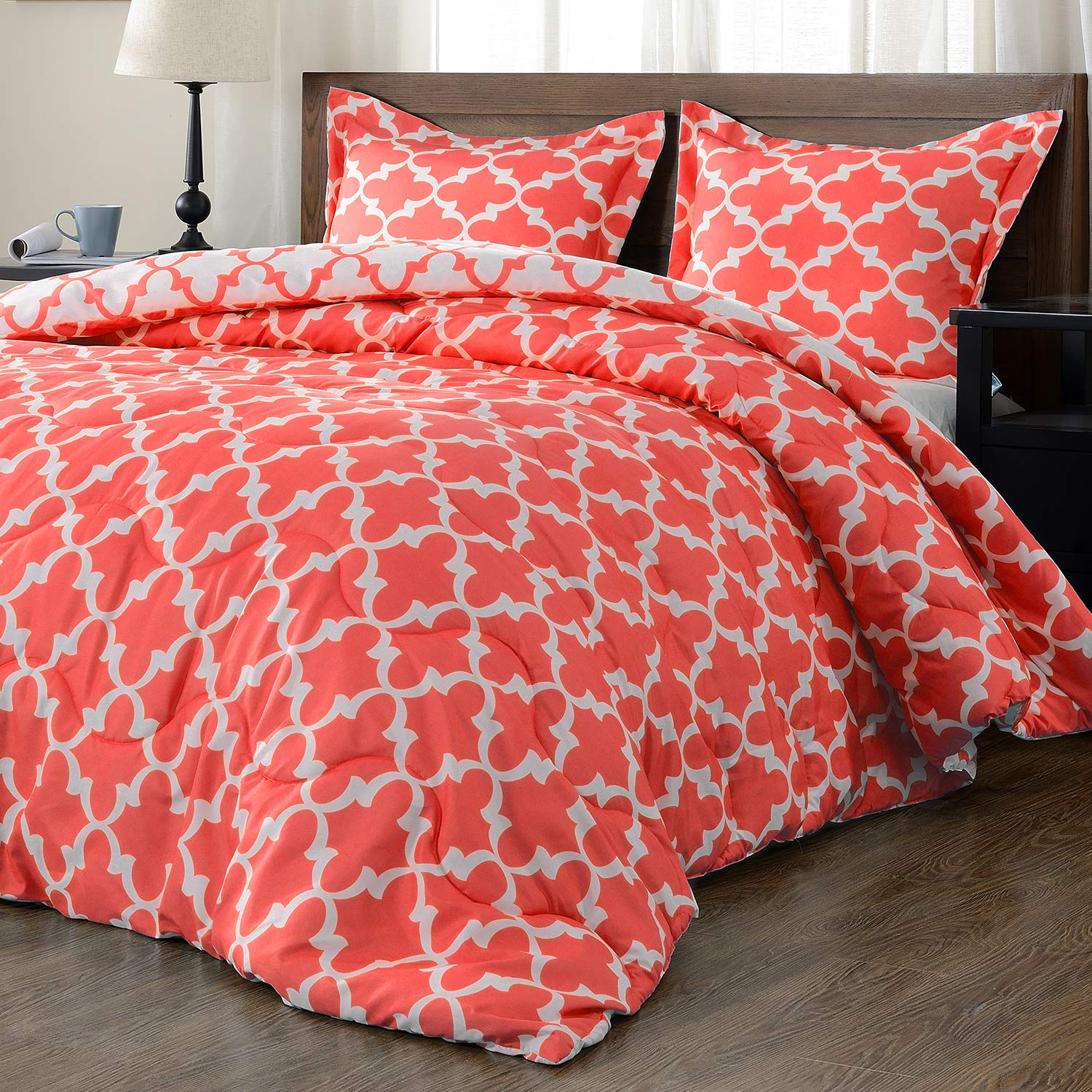 Book Cover downluxe Lightweight Printed Comforter Set (King, Coral) with 2 Pillow Shams - 3-Piece Set - Down Alternative Reversible Comforter