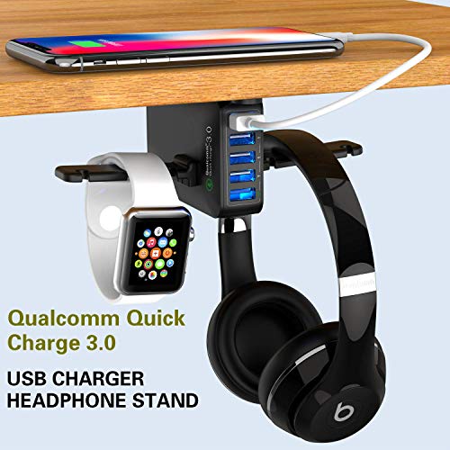 Book Cover Yostyle Headphone Stand with USB Charger,Under Desk 5 USB Port QC3.0 Quick Charging Station & Headset Hanger and Mount with Cable Organizer,USB-A and QC 3.0 | Gaming, Computer, and PC Accessory