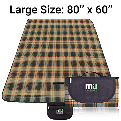 MIU COLOR Large Waterproof Outdoor Picnic Blanket, Sandproof and Waterproof Picnic Blanket Tote for Camping Hiking Grass Travelling (80'' x 60'' Yellow Plaid (Fleece Top))