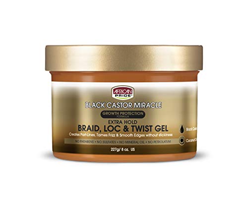 African Pride Black Castor Miracle Extra Hold Braid, Loc, Twist Gel - Tames Frizz & Edges, No Parabens, No Sulfates, No Mineral Oil, No Petrolatum, Contains Black Castor & Coconut Oil, 8 oz