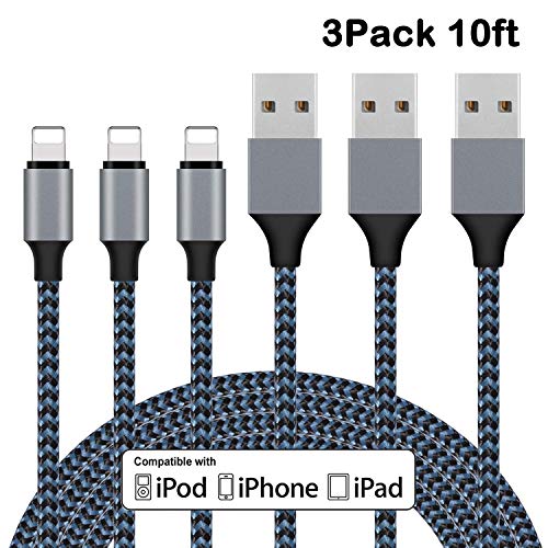 Everdigi Phone Charger Cable 3Pack 10ft Nylon Braided Charging Syncing Cord Compatible XR XS X 8 8PLUS 7 7Plus 6 6sPlus SE 5