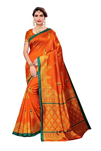 ANNI DESIGNER Women's Silk Saree with Blouse, Orange, One size
