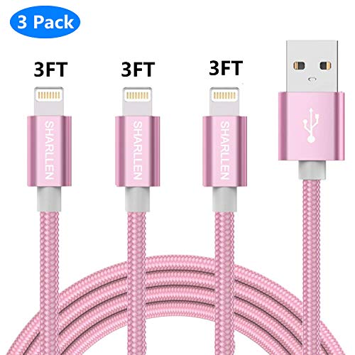 iPhone Charging Cable,SHARLLEN 3/3/3FT MFi Certified Nylon Braided Lightning Cables Fast USB Charging&Syncing Cord Compatible iPhone Charger XS/Max/XR/X/8P/8/7/7P/6/iPad/iPod 3 Pack (Rose Gold 3ft)