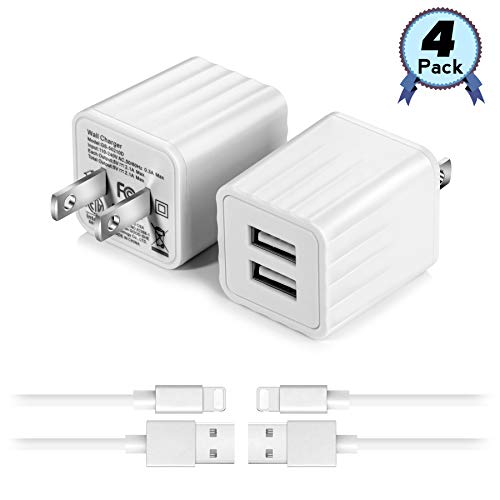 USB Wall Charger with 3 ft iOS Charging Cable,2.1A Dual Port Phone Fast Charger Adapter Plug Cube Compatible with iPhone 11/11 Pro/11 Pro Max/XS Max/XS/XR/X/8/8 Plus/7/7 Plus/6 and More- 4 Pack