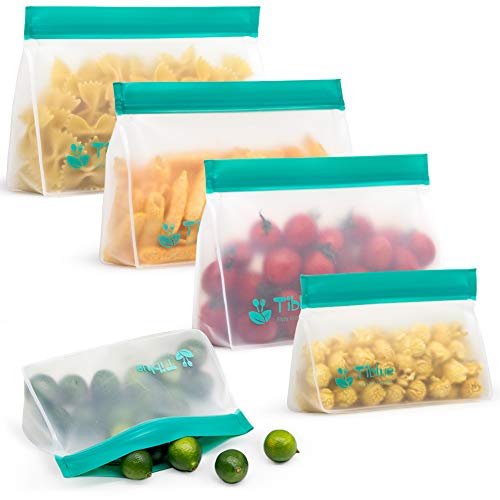 STAND-UP Freezer Bags - 5 Pack Reusable Storage Bags (3 Reusable Sandwich Bag + 2 Reusable Snack Bag)- EXTRA THICK Reusable Lunch Bag Leakproof Ziplock Bag for Food Storage FDA Approved BPA FREE ECO