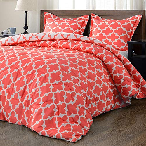 downluxe Lightweight Printed Comforter Set (Queen, Coral) with 2 Pillow Shams - 3-Piece Set - Down Alternative Reversible Comforter