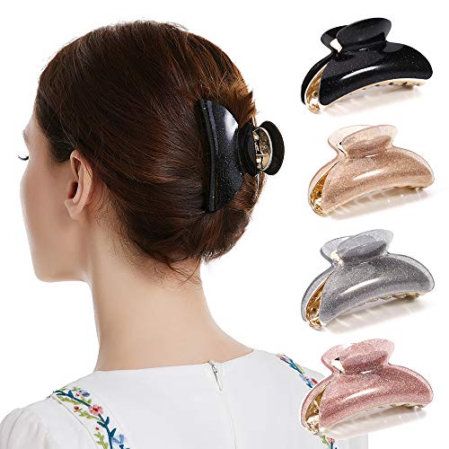 Hair Claw Clips Set for Women, Girls Cute 3.5" Medium Tortoise Shell Double Grip Teeth Clamps Strong Jaw Solid Color Banana Design Nonslip Thick Thin Hair Hold Clutches Accessories Twinfree - 4 Pack