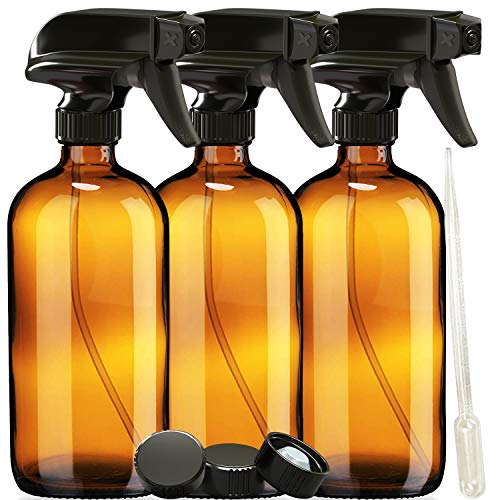 3 Pack - Refillable Empty Amber Glass Spray Bottles [Free Microfiber Cloth] for Cleaning Solutions, Hair, Essential Oils, Plants - Trigger Sprayer with Mist and Single Mode (16 OZ)