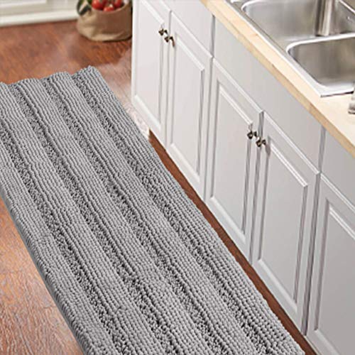 Gray Kitchen Runner Chenille Shag Area Rug Non Slip Backing for Kitchen Floor Runner Rug with Water Absorbent Bath Room Mat for Kitchen/Tub/Living Room, 59" X 20", Dove Gray, Striped Pattern