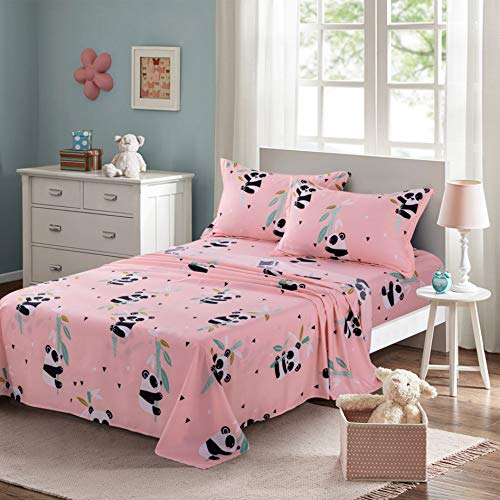 Book Cover KFZ Full Size Bed Sheets, Pink Panda Sheet Set for Girls, 4 Piece with 1 Flat Sheet 1 Twin Fitted Sheet 2 Pillow Covers, Microfiber Mattress Set for Kids Bed