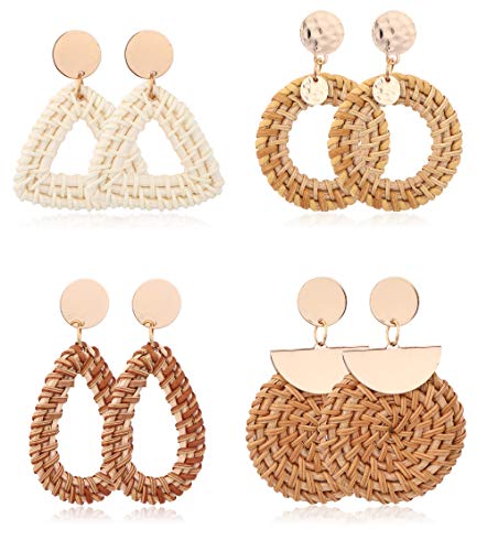 LOLIAS 4 Pairs Woven Rattan Earrings for Women Handmade Boho Straw Wicker Braid Drop Dangle Earrings Lightweight Geometric Statement Earrings