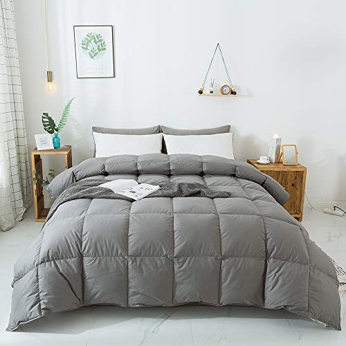 WhatsBedding 100% Cotton Down Comforter Goose Duck Down and Feather Filling,Hypoallergenic Comforter. All Season Duvet Grey Insert or Stand-Alone Down Comforter (Dark Gray Comforter Queen)
