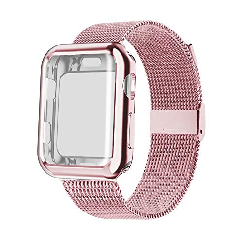 YC YANCH Compatible with Apple Watch Band 38mm with Case, Stainless Steel Mesh Loop Band with Apple Watch Screen Protector Compatible with iWatch Apple Watch Series 1/2/3/4/5 (38mm Rose Gold)