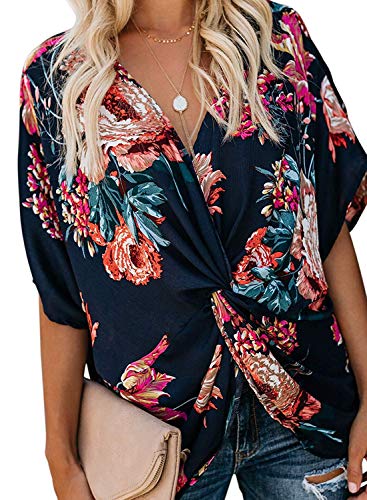 Eitie Women's Summer Floral Print Short Sleeve T Shirts V Neck Chiffon Twist Tops Loose Casual Blouse Shirts (X-Large, A-Navy)