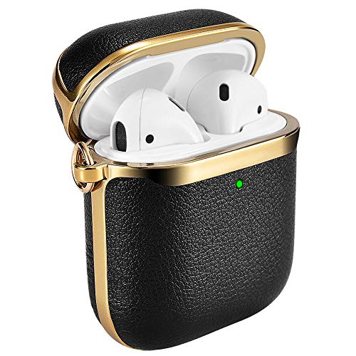 AirPods Case Cover, ICARERSPACE Portable Black Leather Protective Cover Case with Carabiner for Apple AirPods 1 & 2 Charging Case [Front LED Visible] [Support Wireless Charging] - Gold Plated