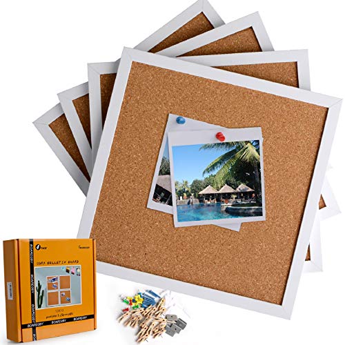 Board2by Cork Bulletin Boards 12 X 12, White Framed Cork Tiles, Wall Mounted Corkboards for Walls, Small Pin Board 1/2 Inch Thick, Mini Wall Bulleting Board with 16 Push Pin Wood Clips, 4 Pack