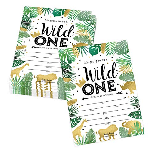 Hadley Designs Kids Birthday Invitations For Boys and Girls Safari Theme - 25 Wild One 1st Birthday Party Invitations For Boys, Jungle Invites For Girls, Cute Animals Party Supplies, Made In USA
