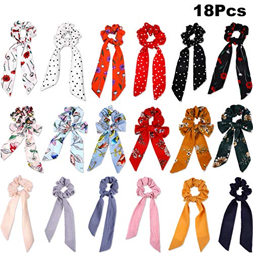 Hair Scrunchies Bowknot Hair Bands Elastic Hair Scarves Ponytail Hair Scrunchies for Female Hair Decorations (18 Pieces, Style Set 1)